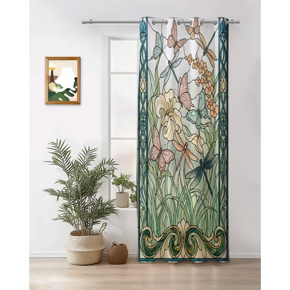 Floral Dragonfly Curtains 84 inches Long for Living Room Bedroom Retro Green Pink Flower Butterfly Green Glass Sliding Door Sheer Curtains Light Filtering Curtain 1 Panel Grommet Window Drape