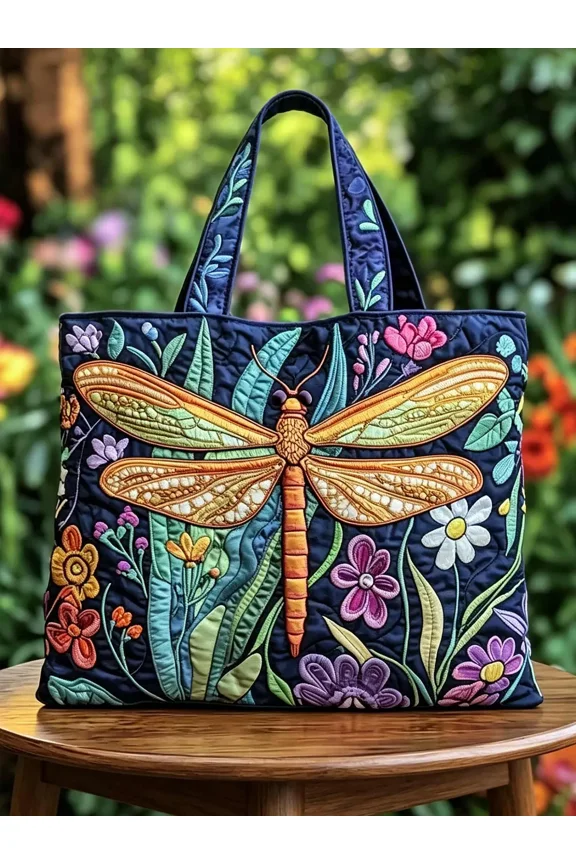Floral Dragonfly Pattern Quilted Tote Bag