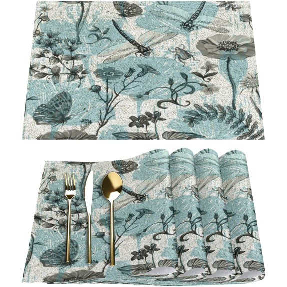 Floral Dragonfly Placemats Set of 4 Rectangle Table Mats Washable Heat-Resistant Place Mat for Kitchen Dining Table Decor Indoor Outdoor