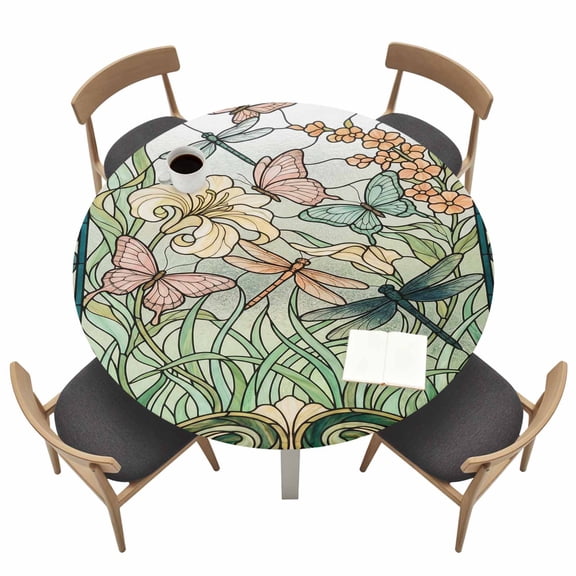 Floral Dragonfly Round Fitted Tablecloth with Elastic Edge Retro Green Pink Flower Butterfly Green Glass Table Cover Fit for 45"-54" Tables Waterproof Tablecloths for Dinner Camping Picnic