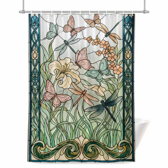 Floral Dragonfly Shower Curtain, Retro Green Pink Flower Butterfly Green Glass Waterproof Shower Curtain Set with 12 Hooks Lightweight Bath Curtains Fabric Bathroom Decor 72x78 Inches