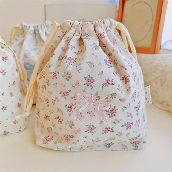 Floral Drawstring Bow Makeup Bag Home Travel Organizer