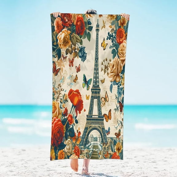 Floral Dream Beach Towel, Funny Quick Dry Beach Towel for Adults, Eiffel Tower Absorbent Lightweight Swim Towel for Pool, Bath, Yoga, Camping, Picnic, Beach Party