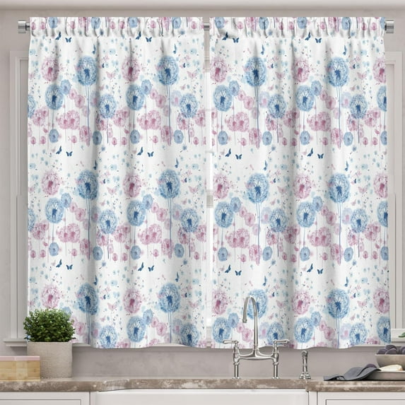 Floral Dream Kitchen Curtains, Delicate Painting Print Dandelions and Butterflies in Soft Tones, Window Drapes 2 Panel Set for Kitchen Cafe Decor, 55" x 39", Pale Fuchsia Cobalt Blue