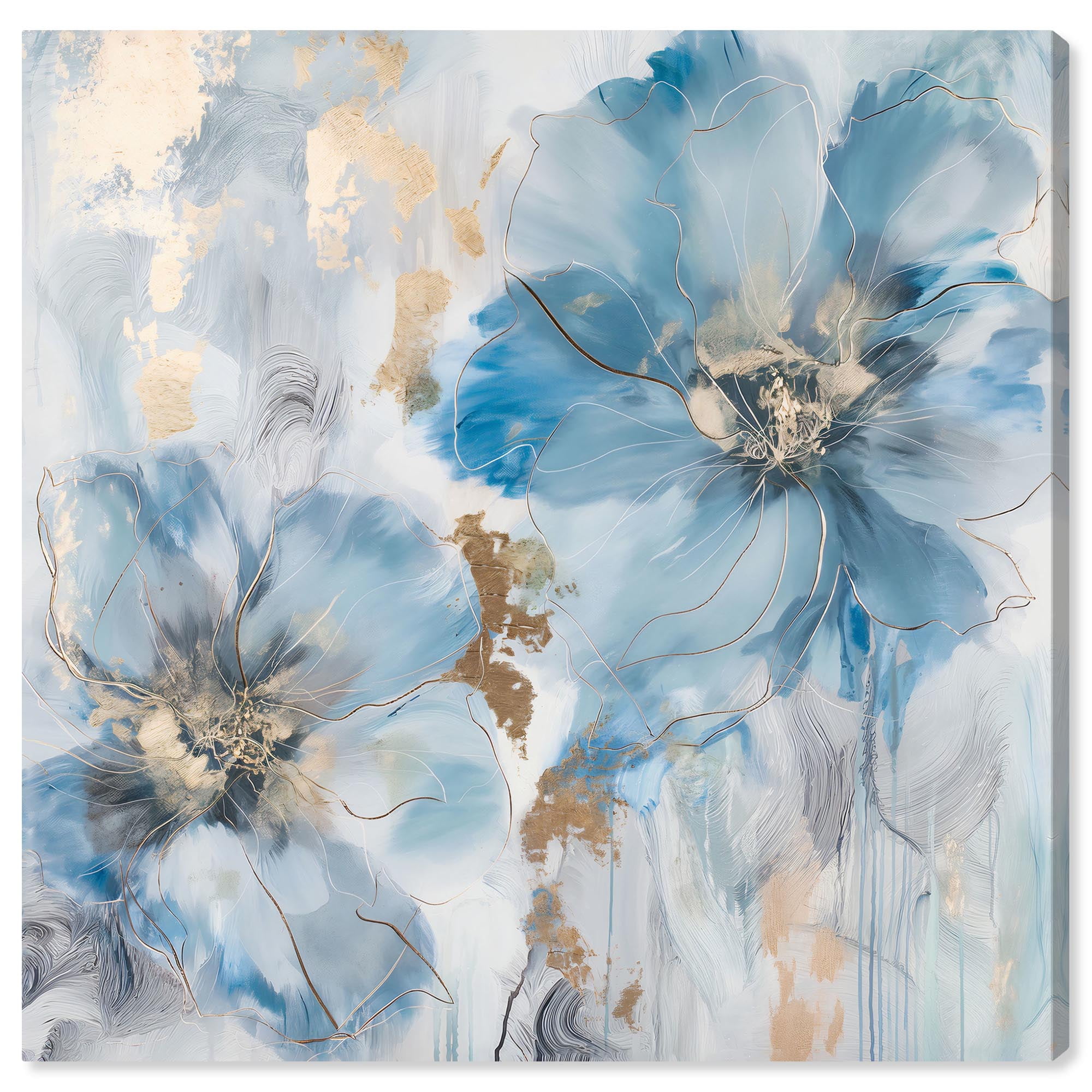 Blue and Gold Floral Dreamscape Canvas Art, 12" x 12"