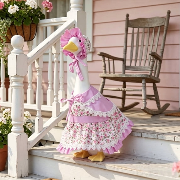 Floral Dress and Bonnet Set for 23 Inch Porch Goose Outfits, Vintage Lace Clothes for Front Porch Statue Decoration, Cute Accessory for Dress Up Goose