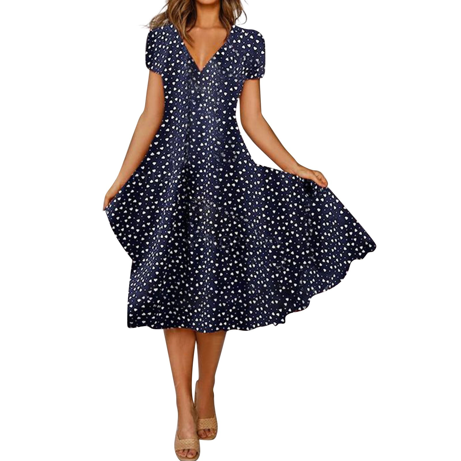Floral Dress For Women Midi Length Formal Round Neck Short Sleeve Midi