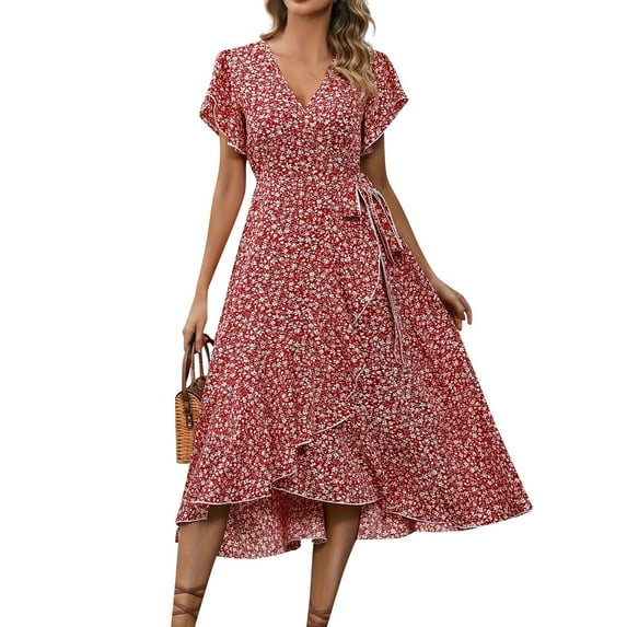 Floral Dress For Women, Wedding Guest Easter Dresses Chiffon Short Sleeve Ruffle V Neck Tunic Flowy Maxi Dress Women Beige Engagement Dresses Modest Sundresses Cocktail (S, Red) ZMTing