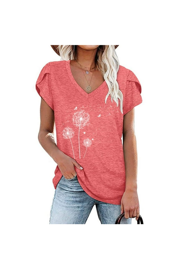Floral Dress For Womensummer V-Neck Short Sleeve Dandelion Print Shirt For Women Women Dandelion Print T-Shirt Casual T-Shirt Blouse Dandelion Print Tunic Tops For Women Pink M