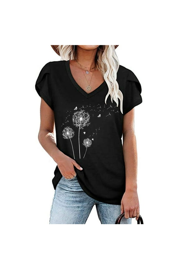 Floral Dress For Womensummer V-Neck Short Sleeve Dandelion Print Shirt For Women Women Dandelion Print T-Shirt Casual T-Shirt Blouse Dandelion Print Tunic Tops For Women Black L