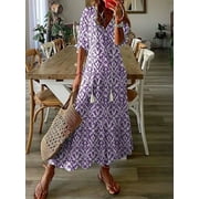 Floral Dress for Women 2025 Summer Casual Short Sleeve Maxi Dresses V Neck Tiered Flowy Boho Beach Sundress