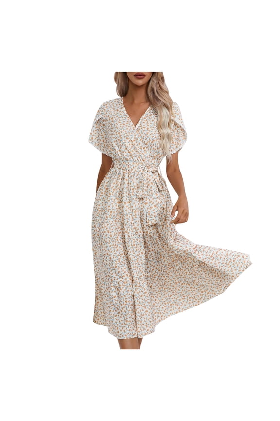 Floral Dress for Women Dressy Boho Sundress Short Sleeve Lace-Up Wrap V-Neck Flowy Midi Dresses
