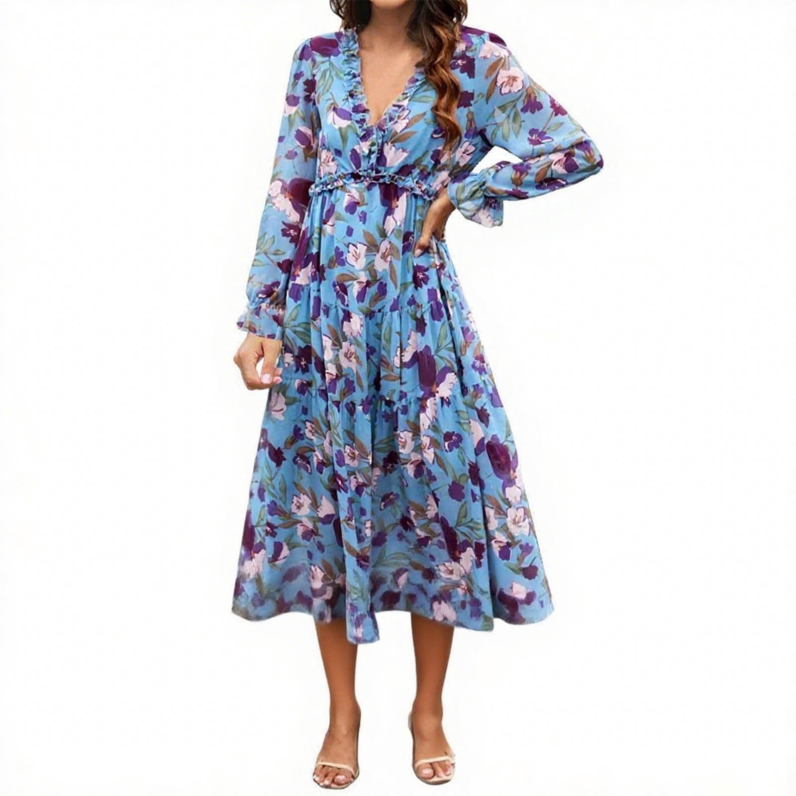 CGMDTZ Floral Dress for Women Long Sleeve V Neck Tie Waist A-Line Midi Dress Casual Fall Boho Chiffon Flowing Dresses, Women's, Size: 2XL
