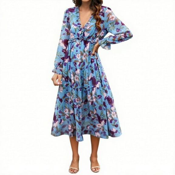 Floral Dress for Women Long Sleeve V Neck Tie Waist A-Line Midi Dress Casual Fall Boho Chiffon Flowing Dresses