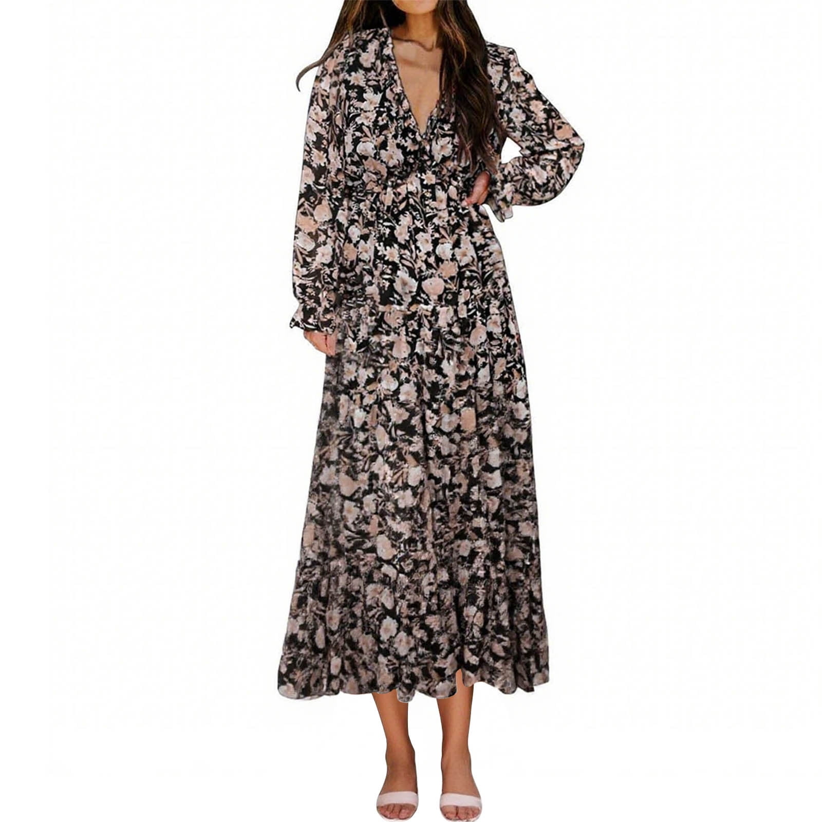Floral Dress for Women Long Sleeve V Neck Tie Waist A-Line Midi Dress  Casual Fall Boho Chiffon Flowing Dresses - Walmart.com