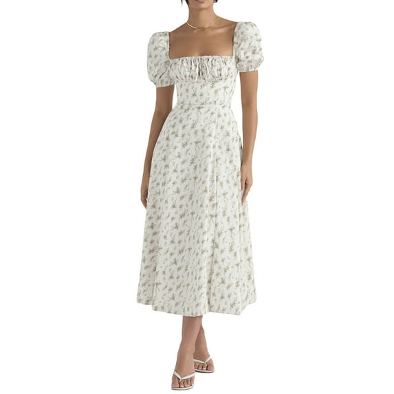 Floral Dress for Women Short Sleeve Square Neck High Waist Split Long Dress Summer Beachwear