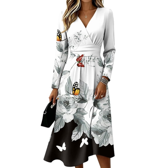 Floral Dress for Women Spring Fall Plus Size V Neck Flowy a Line Dress High Waist A-Line Swing Sundress