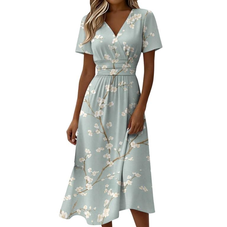 knee length floral wrap dress Summer Dresses for Women 2026 V Neck Sundress Short Sleeve Vacation Beach Elastic High Waist A-Line Casual Party Work Dress menu: mini dresses