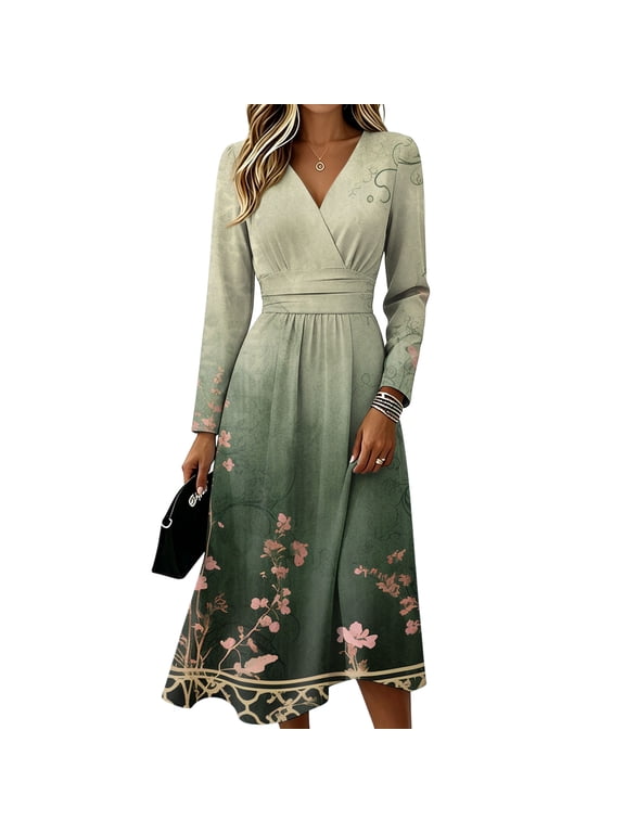 Floral Dress for Women V Neck Long Sleeve a Line Dresses Elegant Formal Floral a Line Dress