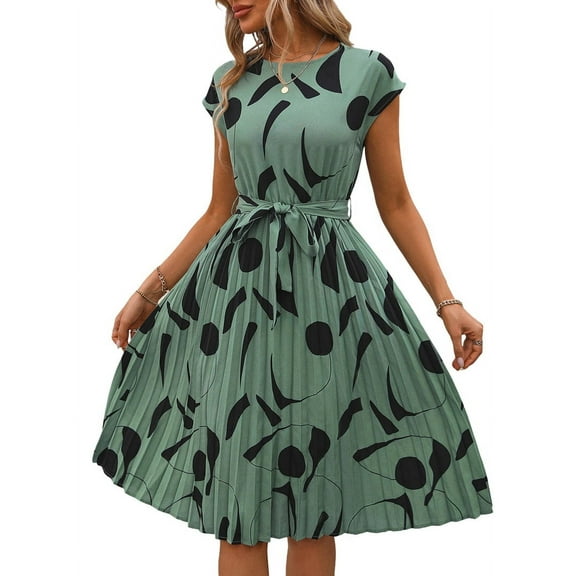 Floral Dress for Women Wedding Guest Crewneck Short Sleeve Tie Waist Midi Flowy Boho Beach Dresses Green XL