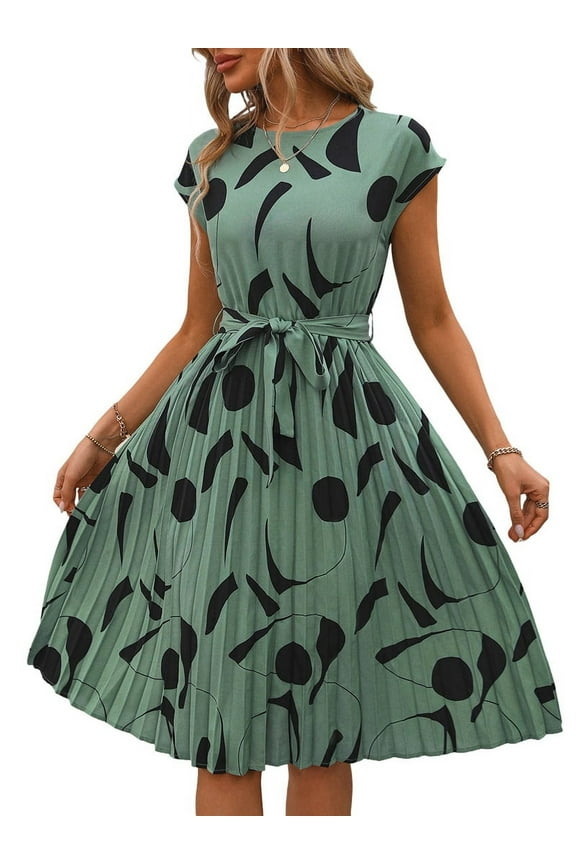 Floral Dress for Women Wedding Guest Crewneck Short Sleeve Tie Waist Midi Flowy Boho Beach Dresses Green XL