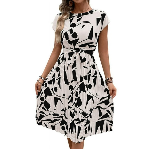 Floral Dress for Women Wedding Guest Crewneck Short Sleeve Tie Waist Midi Flowy Boho Beach Dresses White L