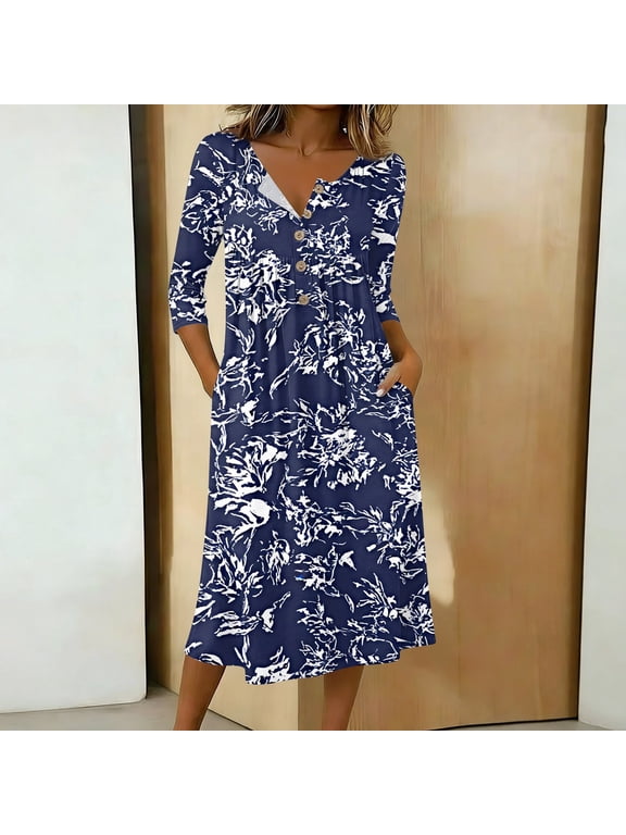 Floral Dresses for Women Button Down V-Neck 3/4 Sleeve A-Line Swing Knee Length Midi Dress Casual Summer Beach Vacation Sundress with Pockets