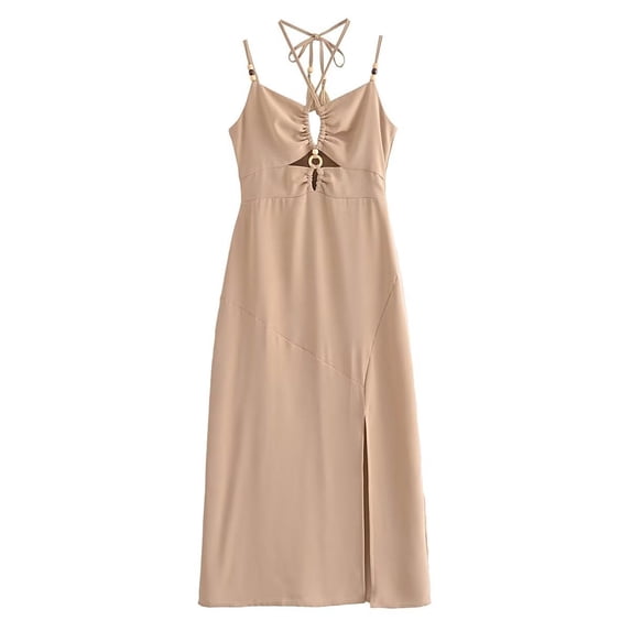 Floral Dresses for Women Ladies Sleeveless Solid Neck Hollow Chest Tube Top Style Suspender V-neck Dress Loose Flowy Beach Sundress