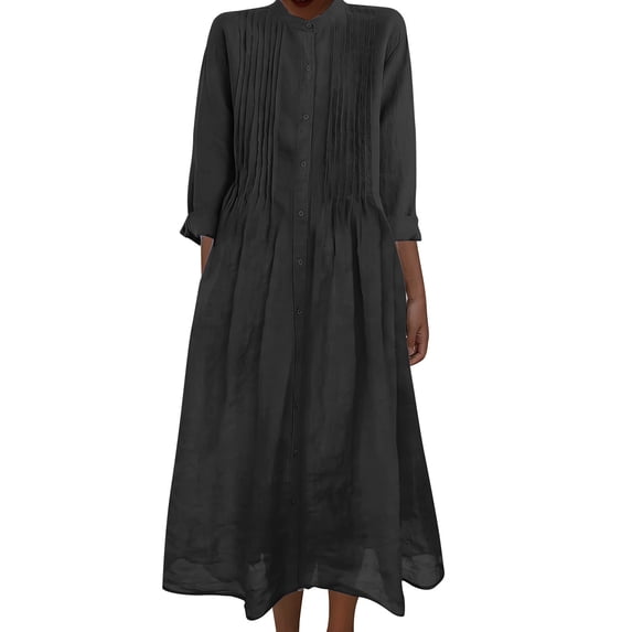 Floral Dresses for Women Round-Neck Solid-Color Long-Sleeved Linen Pocket Long Dress A-Line Party Dress with Pockets