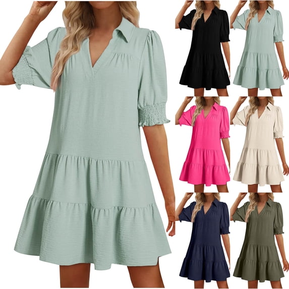 Floral Dresses for Women Turndown Collar Short Sleeve Fold Solid Color V-Neck Dress Loose Flowy Beach Sundress