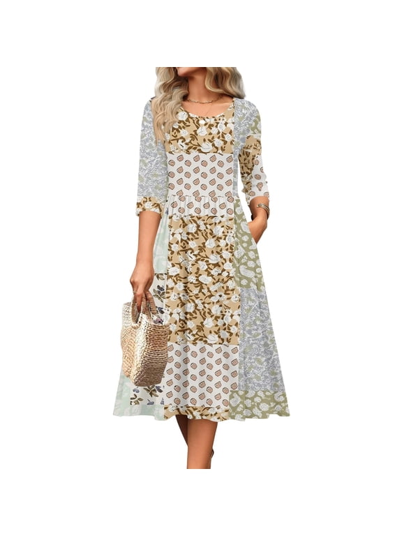Floral Dresses for Women V-Neck 3/4 Sleeve A-Line Midi Dress Spring Casual Easter Beach Vacation Sundress with Pockets