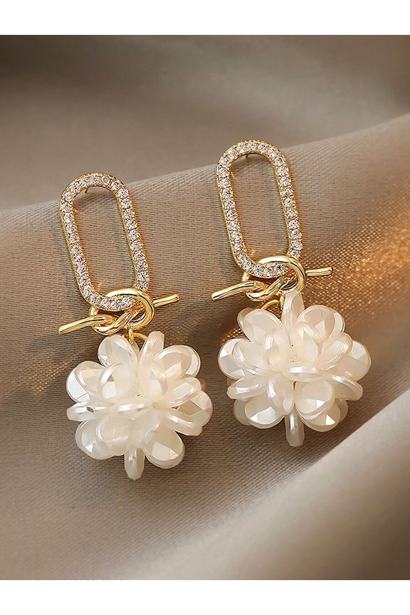 Floral Drop Earrings With Rhinestone Hoop And White Acrylic Flower