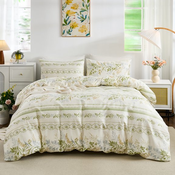 Floral Duvet Cover Green 100% Nature Cotton Chic Shabby Garden Floral Bedding Set with 2 Pillowcases Soft&Lightweight Vintage Comforter Cover Set with Zipper Closure