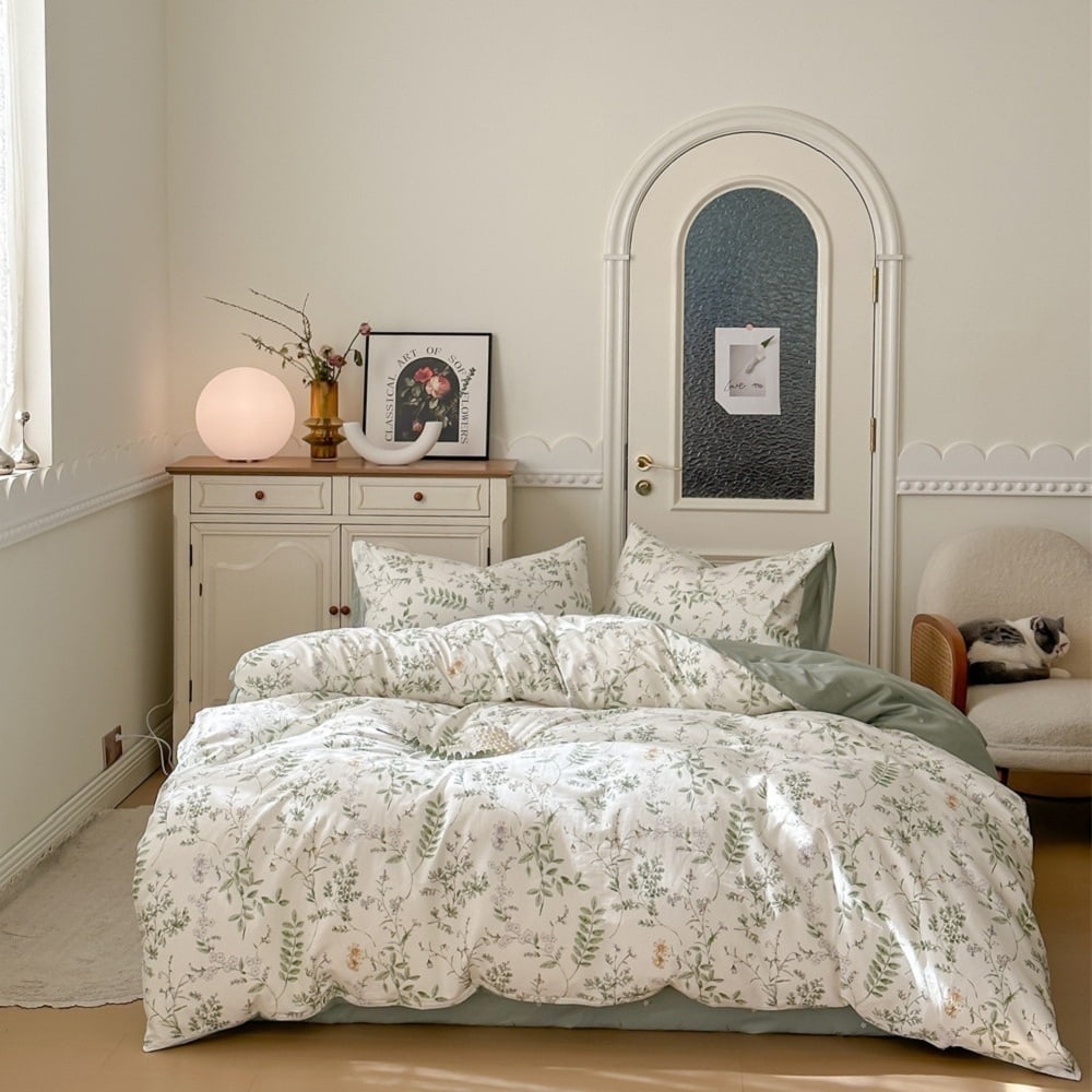 Floral Duvet Cover Queen Size 100% Cotton Reversible Green Botanical Leaf Printd on White Comforter Cover 3 Pieces Soft Breathable Spring Cottagecore Bedding Set with Zipper Closure