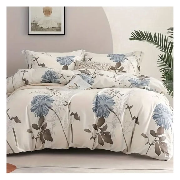 Floral Duvet Cover Queen Size, Big Flower Pattern Comforter Cover, 100% Cotton Reversible Quilt Cover for Bedroom, Soft & Breathable Bedding Set - White & Green