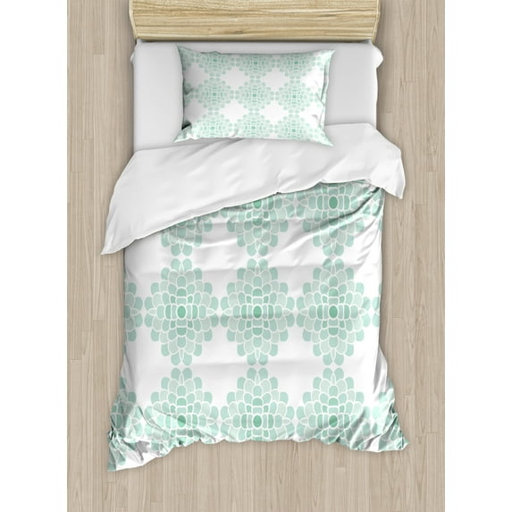 Floral Duvet Cover Set, Abstract Horizontal Lines Geometric Bold Thin Stripes Ocean Themed Illustration, Decorative 2 Piece Bedding Set with 1 Pillow Shams, Twin Size, Seafoam White, by Ambesonne