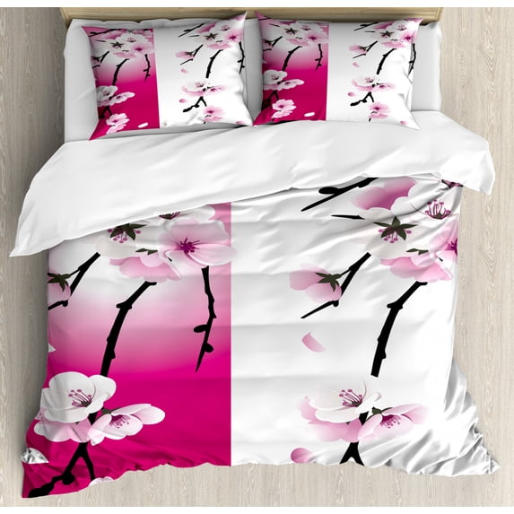 Floral Duvet Cover Set, Apricot Flowers Branches on Different Backgrounds Blossoms Nature Garden Art, Decorative 3 Piece Bedding Set with 2 Pillow Shams, King Size, Pink Black White, by Ambesonne