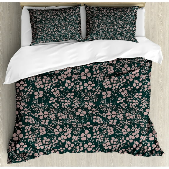 Floral Duvet Cover Set, Bicolor Spring Themed Pattern with Meadow Flowers Abstract Design, Decorative 3 Piece Bedding Set with 2 Pillow Shams, Queen Size, Hunter Green Grey Pink, by Ambesonne