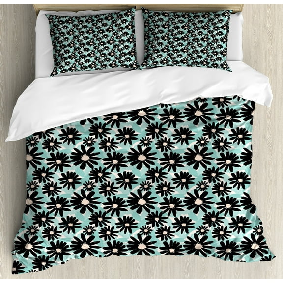 Floral Duvet Cover Set, Big Bold Flower Drawings in Paintbrush Strokes, Decorative 3 Piece Bedding Set with 2 Pillow Shams, Calking Size, Seafoam Multicolor, by Ambesonne