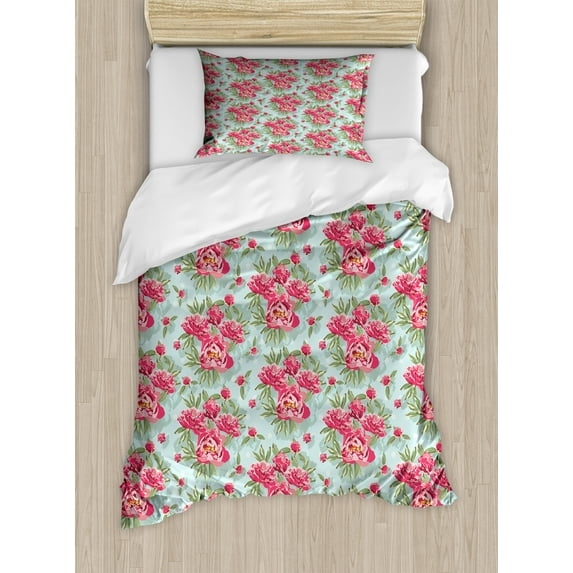 Floral Duvet Cover Set, Blooming Flowers and Leaves Vintage Garden Art, Decorative 2 Piece Bedding Set with 1 Pillow Shams, Twin Size, Blue Pink, by Ambesonne