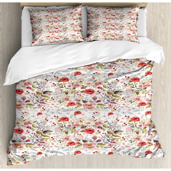 Floral Duvet Cover Set, Blooming Poppies and Wildflowers Drawing Spring Flower Watercolor Themed, Decorative 3 Piece Bedding Set with 2 Pillow Shams, Calking Size, White Green and Pink, by Ambesonne
