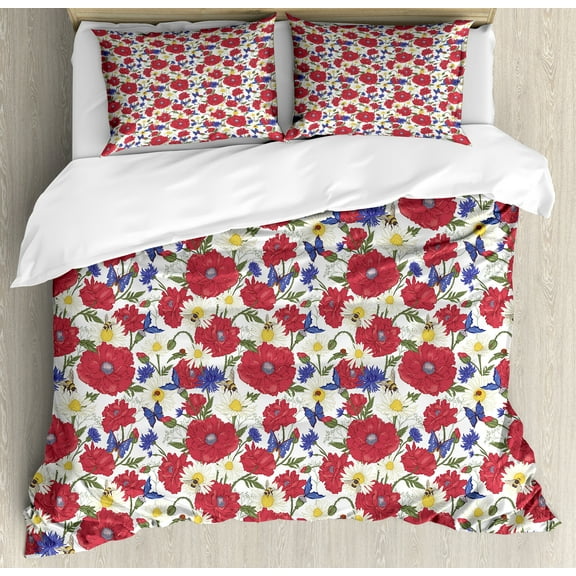 Floral Duvet Cover Set, Blooming Red Poppies Chamomile Ladybird and Daisies Bumblebee Bees and Butterflies, Decorative 3 Piece Bedding Set with 2 Pillow Shams, Calking Size, Multicolor, by Ambesonne