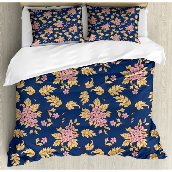 Floral Duvet Cover Set, Blossoming Flower and Leaves Seasonal Nature Vintage Foliage, Decorative 3 Piece Bedding Set with 2 Pillow Shams, King Size, Lavender Brown, by Ambesonne