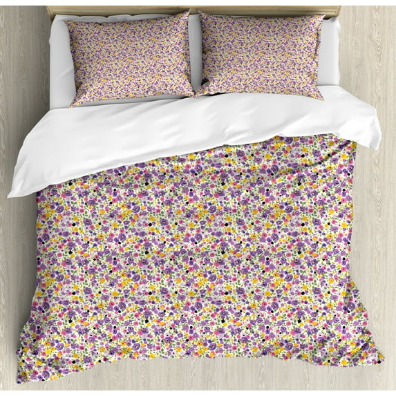 Floral Duvet Cover Set, Blossoming Spring Flowers on a Plain Background, Decorative 3 Piece Bedding Set with 2 Pillow Shams, Queen Size, Violet Earth Yellow, by Ambesonne