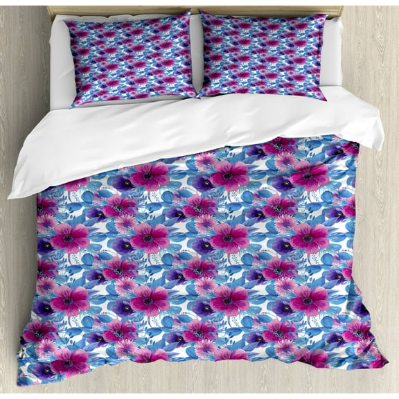 Floral Duvet Cover Set, Bohemian Romantic Wild Flora in Watercolor Style, Decorative 3 Piece Bedding Set with 2 Pillow Shams, King Size, Azure Blue Magenta, by Ambesonne