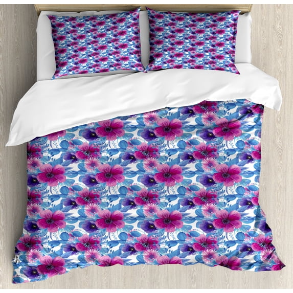 Floral Duvet Cover Set, Bohemian Romantic Wild Flora in Watercolor Style, Decorative 3 Piece Bedding Set with 2 Pillow Shams, Queen Size, Azure Blue Magenta, by Ambesonne