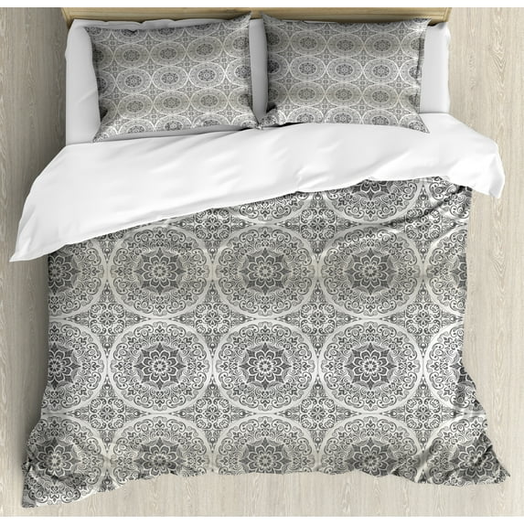 Floral Duvet Cover Set, Botanical Gradient Flowers Circular Motifs Curlicue Ornate Illustration, Decorative 3 Piece Bedding Set with 2 Pillow Shams, Calking Size, Dust Ivory and Grey, by Ambesonne