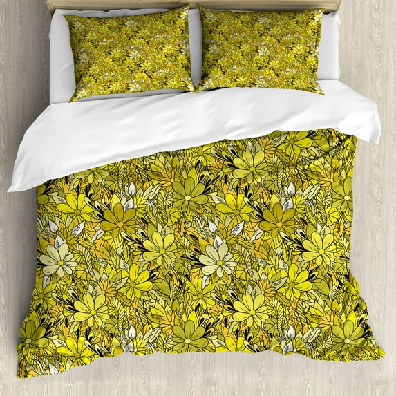 Floral Duvet Cover Set, Botanical Illustration of Meadow Daisy Flowers in Summer Tones Print, Decorative 3 Piece Bedding Set with 2 Pillow Shams, King Size, Yellow Green and Khaki, by Ambesonne