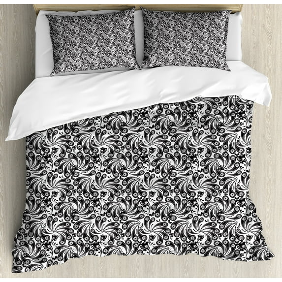 Floral Duvet Cover Set, Botanical Motifs with Monochrome Flowers in Paisley Pattern Abstract Art, Decorative 3 Piece Bedding Set with 2 Pillow Shams, Queen Size, Dark Brown and White, by Ambesonne