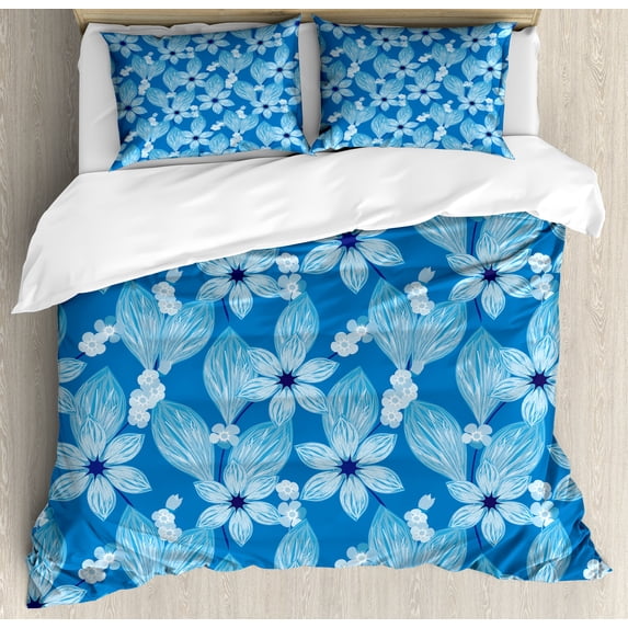 Floral Duvet Cover Set, Botanical Top View of Flower Petals Blossoming in Monochrome Style, Decorative 3 Piece Bedding Set with 2 Pillow Shams, Queen Size, Azure Blue Pale Blue, by Ambesonne